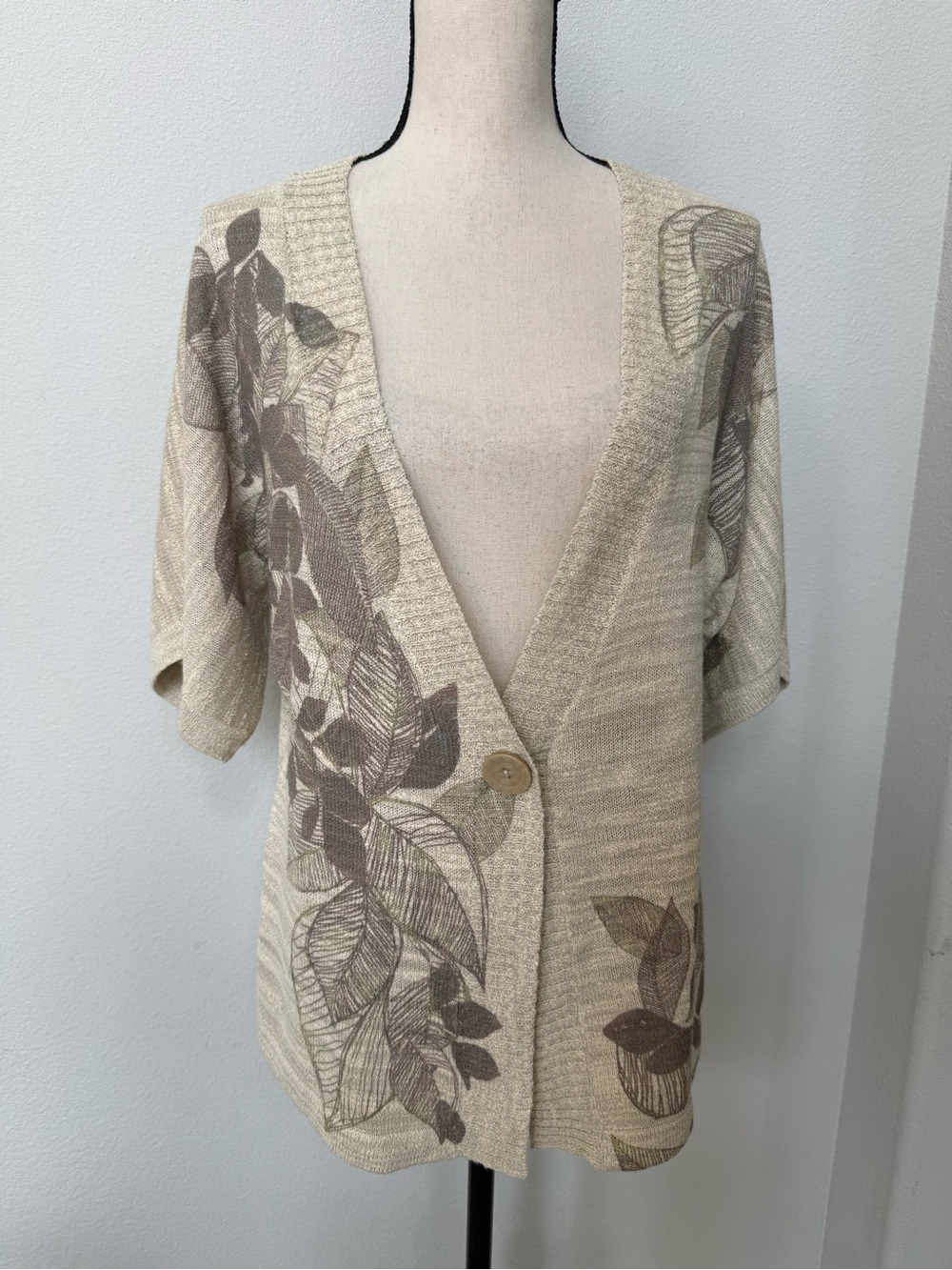 Coldwater Creek Beige and Brown V-Neck Leaf Print Cardigan
